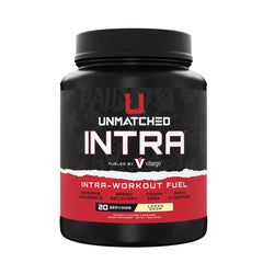 Unmatched Intra Workout Powder bottle front with Lemon Drop flavor for quick hydration.