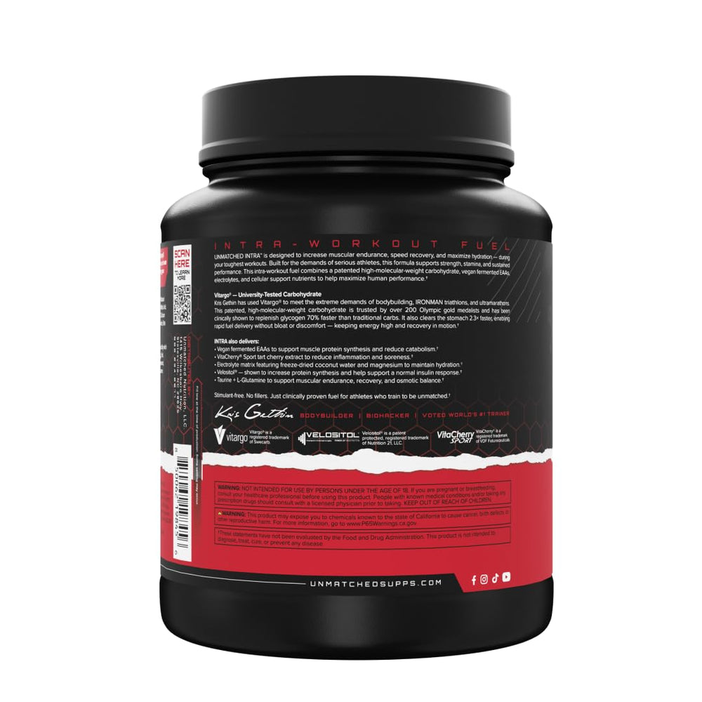Single-serving sachet of Unmatched Intra Workout Powder ready to take.