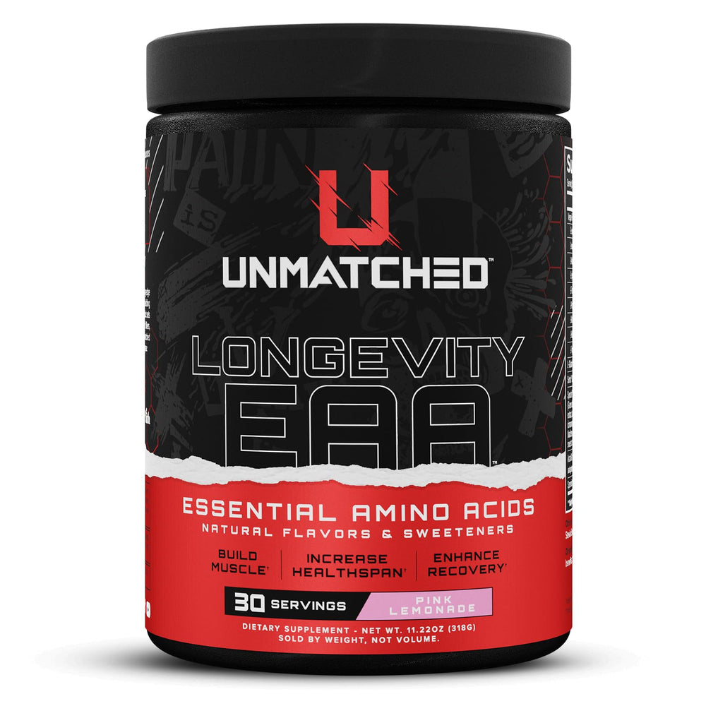 Unmatched Longevity EAA pink lemonade bottle pour supports daily training routines