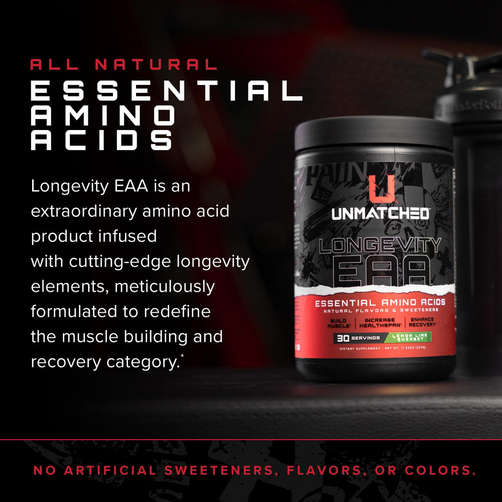 Unmatched Longevity EAA pink lemonade scoop dispense for easy pre- and post-workout use
