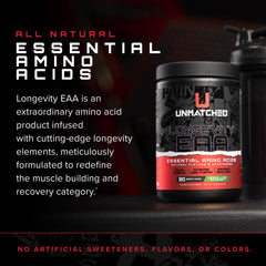 Unmatched Longevity EAA pink lemonade scoop dispense for easy pre- and post-workout use