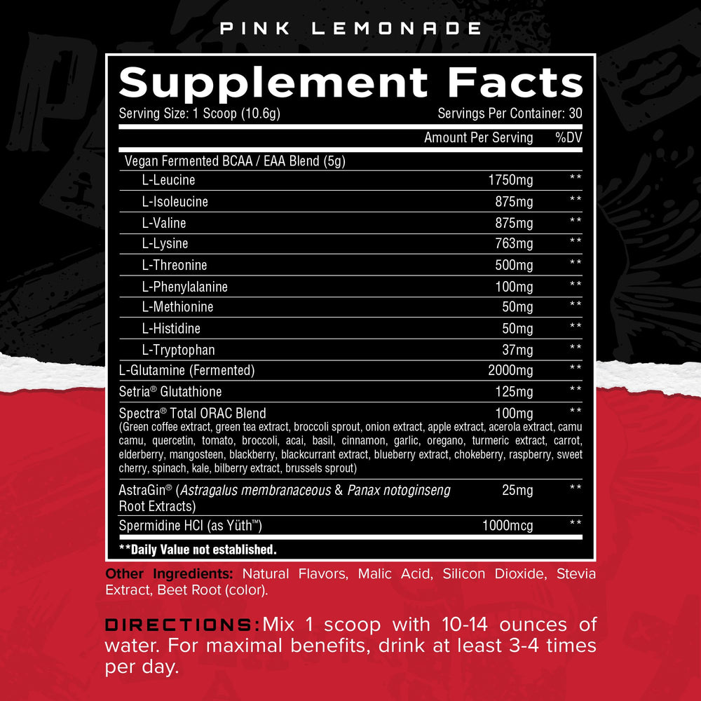 Unmatched Longevity EAA pink lemonade tub label closeup shows nine essential amino acids