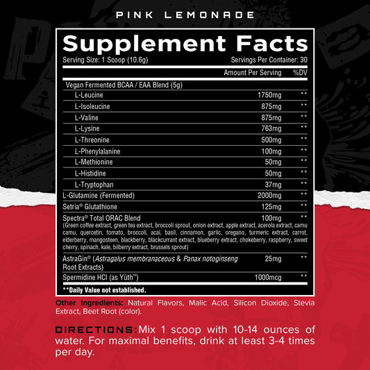 Unmatched Longevity EAA pink lemonade tub label closeup shows nine essential amino acids
