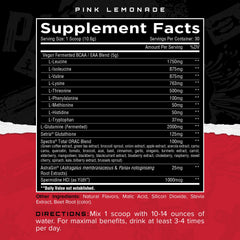 Unmatched Longevity EAA pink lemonade tub label closeup shows nine essential amino acids
