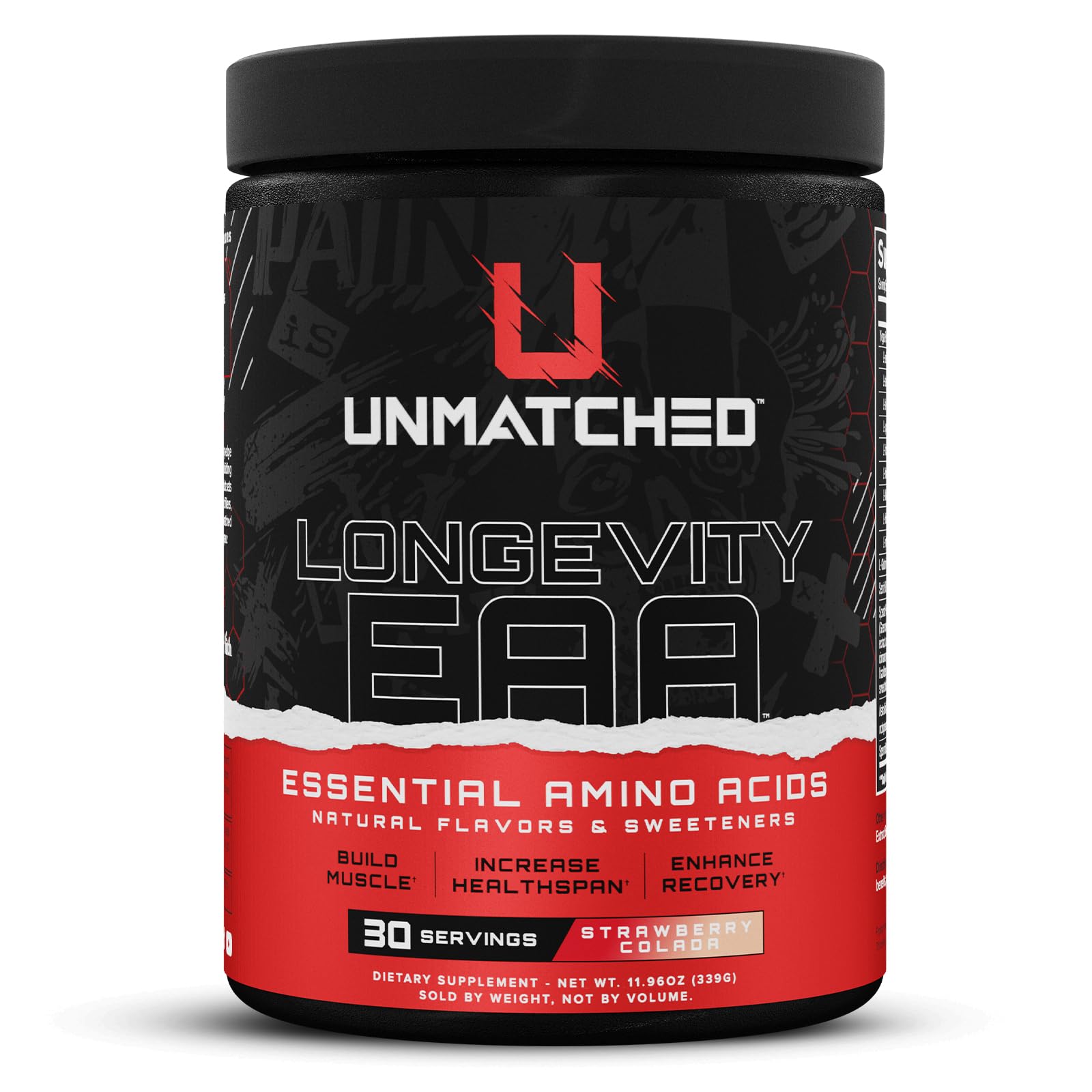 Unmatched Longevity EAA Strawberry Colada bottle with a clear label highlighting clean ingredients.