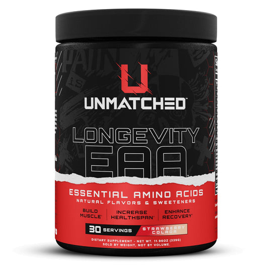 Unmatched Longevity EAA Strawberry Colada bottle with a clear label highlighting clean ingredients.