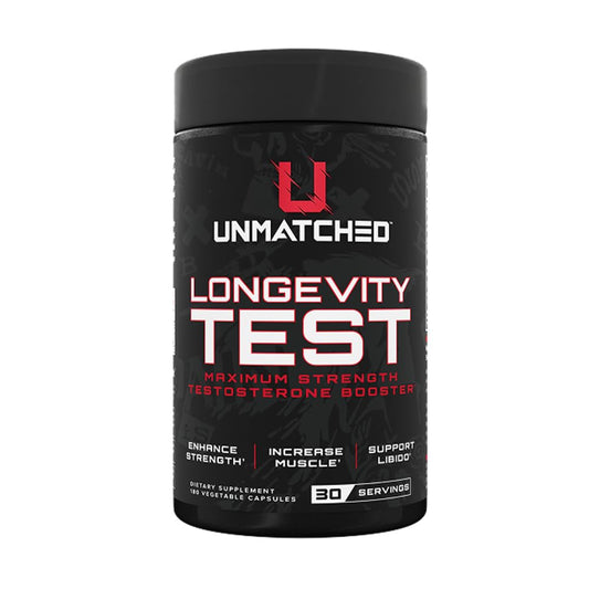 Unmatched Longevity Test bottle close-up highlighting natural testosterone support