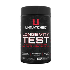 Unmatched Longevity Test bottle close-up highlighting natural testosterone support