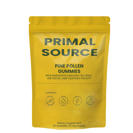 Unmute Primal Source Pine Pollen Gummies packaging front highlighting daily vitality