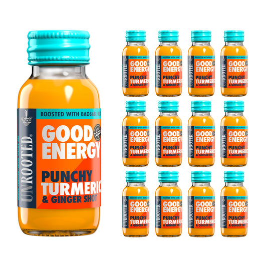 Unrooted Good Energy Shot 12-pack bottles, front view, ideal for on-the-go energy.