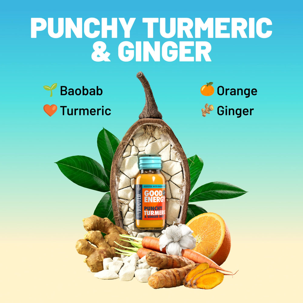 Unrooted Good Energy Shot baobab ingredients—vibrant blend for steady energy.