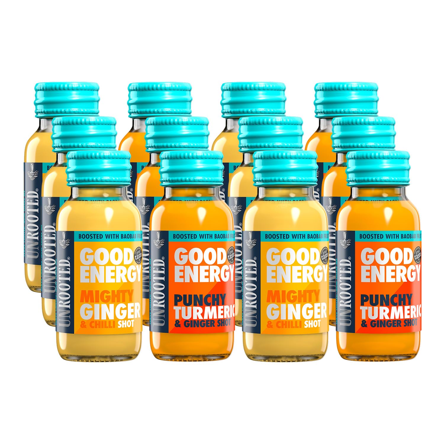 Unrooted Good Energy Shot bottle being poured for a steady energy
