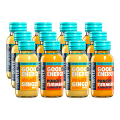 Unrooted Good Energy Shot bottle being poured for a steady energy