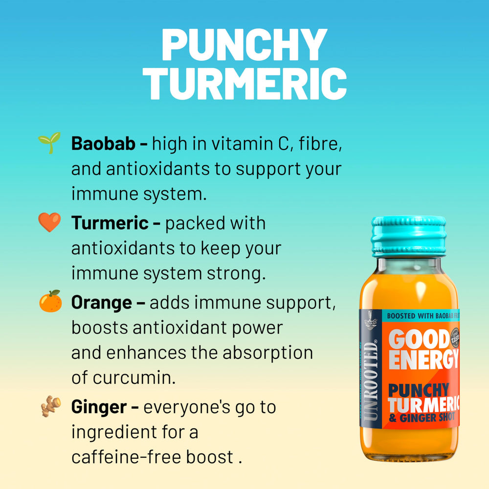 Unrooted Good Energy Shot turmeric-ginger-orange-carrot cluster—bright taste for a refreshing boost.