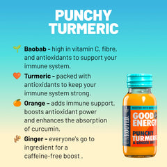 Unrooted Good Energy Shot turmeric-ginger-orange-carrot cluster—bright taste for a refreshing boost.