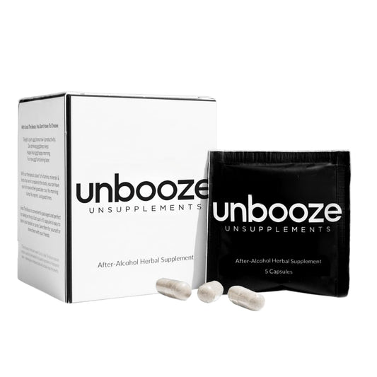 Unsupplements Unbooze bottle pour demonstrates post-drink recovery use.