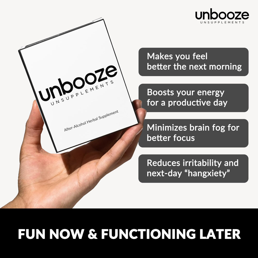 Unsupplements Unbooze capsules closeup showing vegan, gluten-free formula.