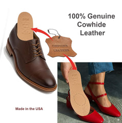 UOG cowhide insoles cut-to-fit guide close-up for dress shoes sizing.