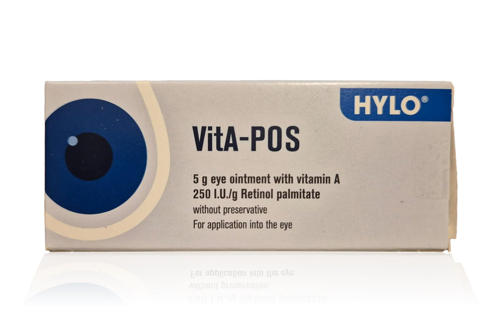UPAX VitA-POS eye comfort ointment tube front for overnight hydration and barrier support.