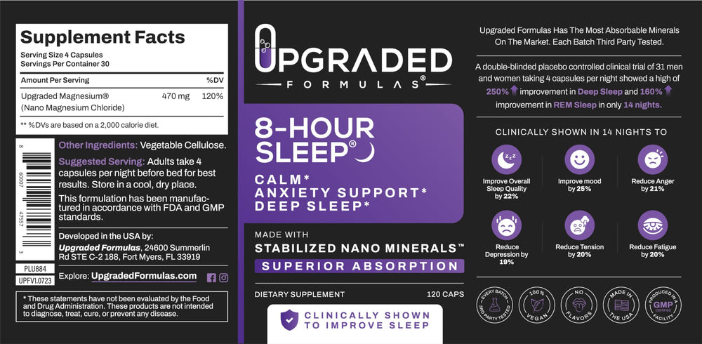 Upgraded Formulas 8-Hour Sleep box beside notebook supports daily routine tracking.