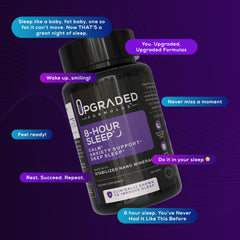 Upgraded Formulas 8-Hour Sleep packaging on a shelf supports a consistent nightly routine.