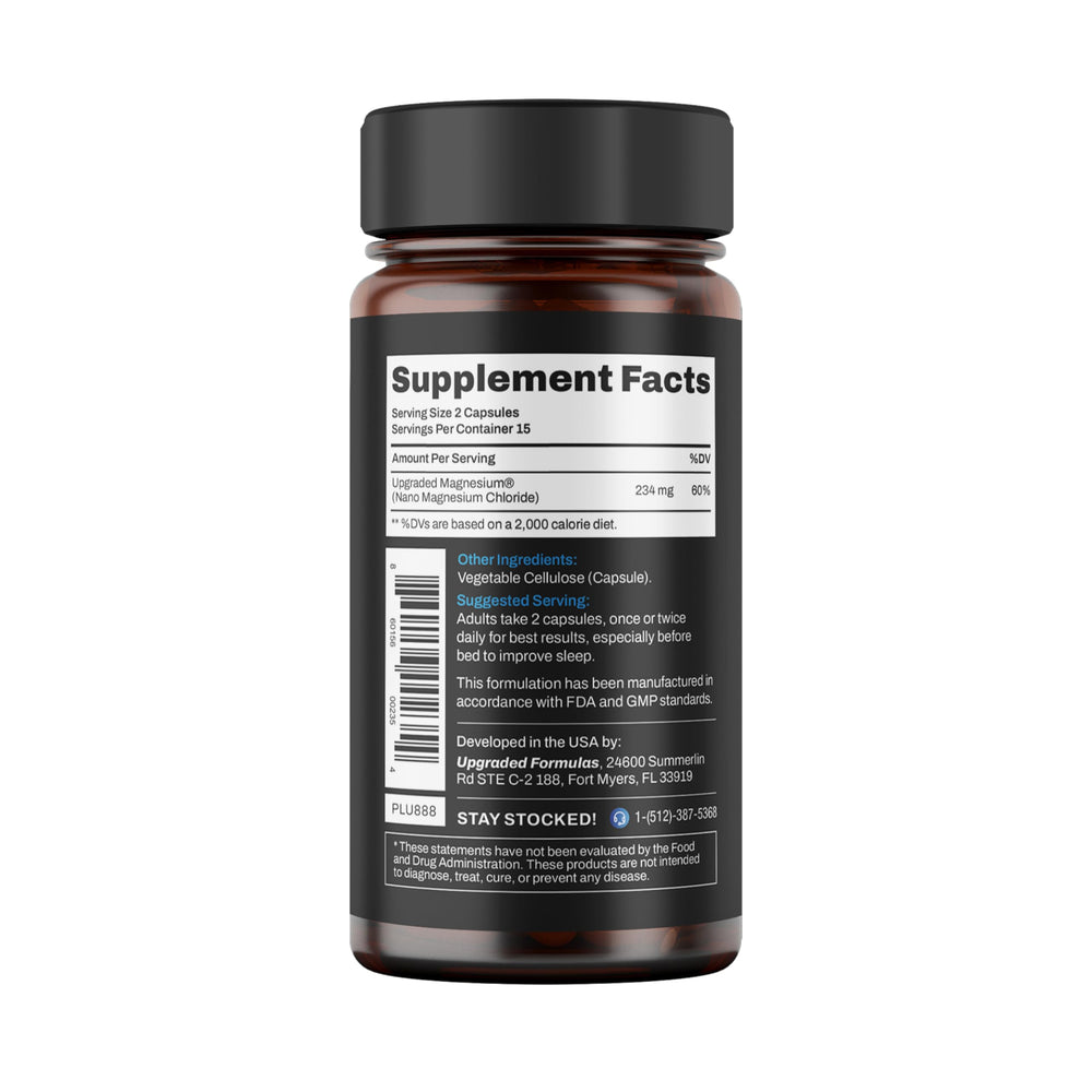 Upgraded Formulas Nano Magnesium Supplement bottle on shelf signals premium sleep aid.