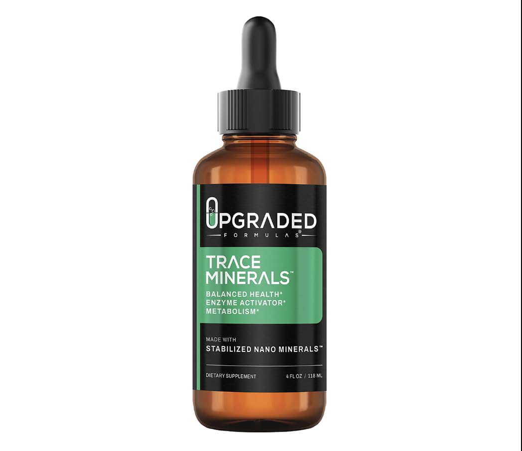 Upgraded Formulas Trace Minerals bottle highlights stabilized nano minerals for high absorption.