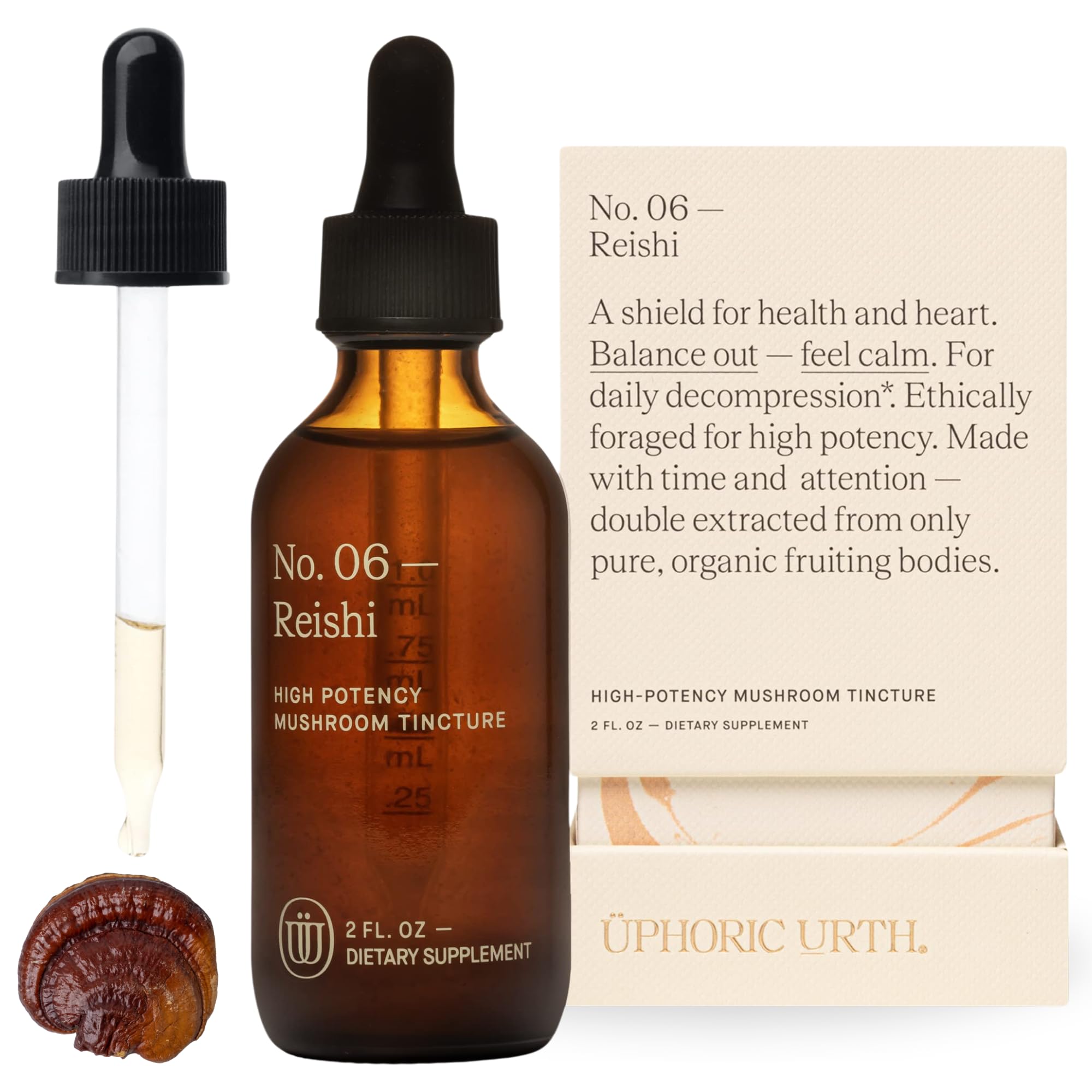 UPHORIC URTH Reishi bottle pour showing tincture ideal for evening wellness