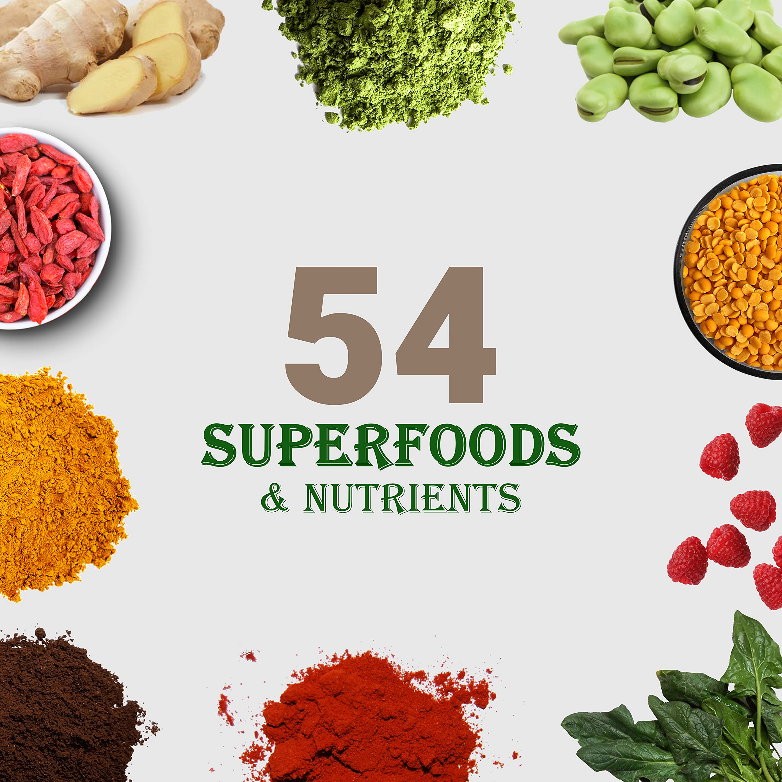 54 superfoods blend panel showing greens, berries and key vitamins