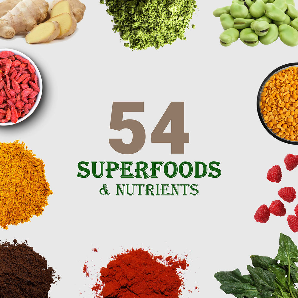 54 superfoods blend panel showing greens, berries and key vitamins