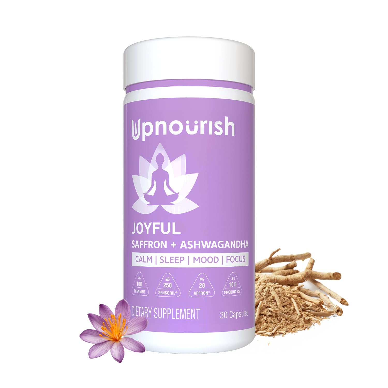 UpNourish Ashwagandha Saffron Probiotics bottle, highlighting stress relief and mood support.