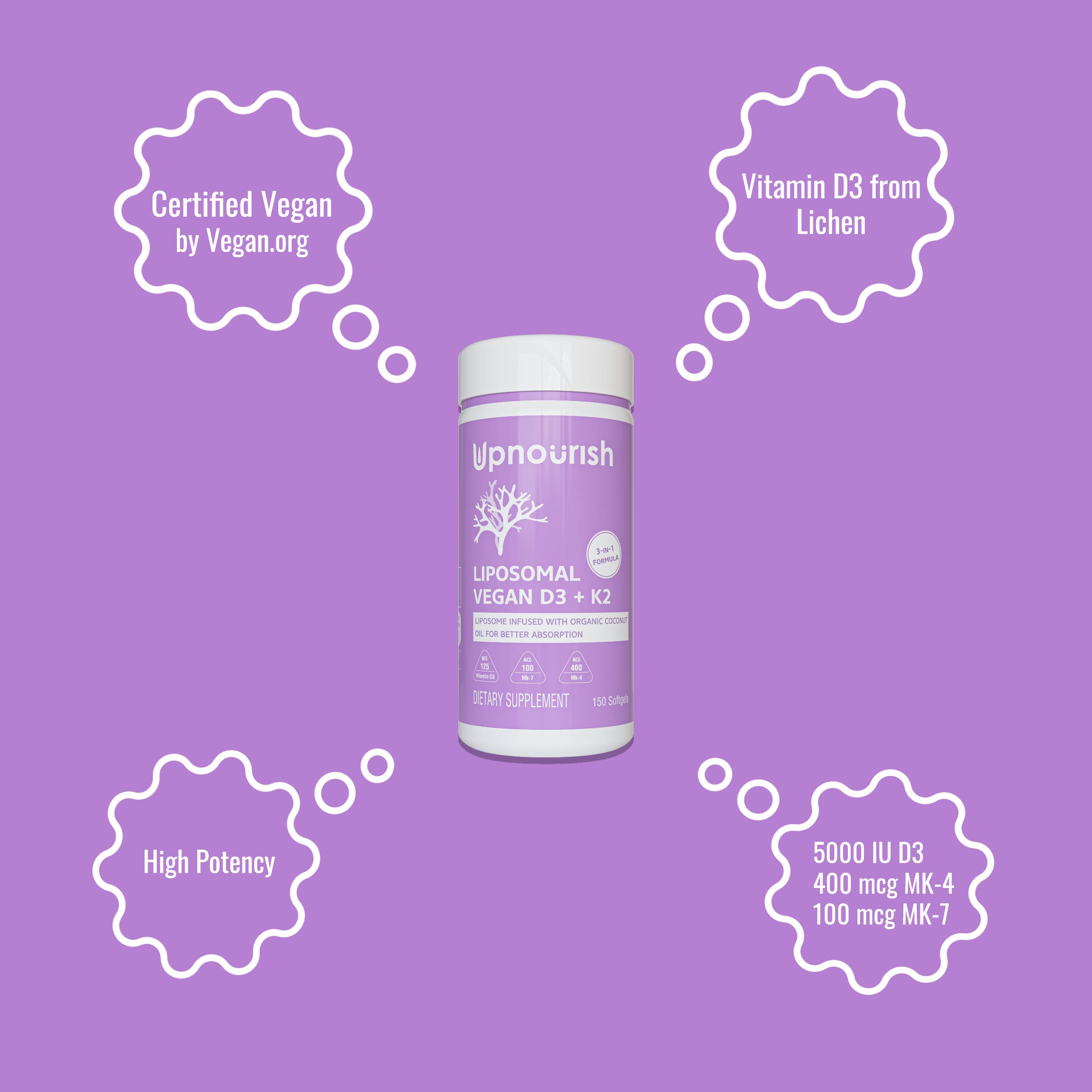 UpNourish bottle label highlights vegan, non-GMO and gluten-free features
