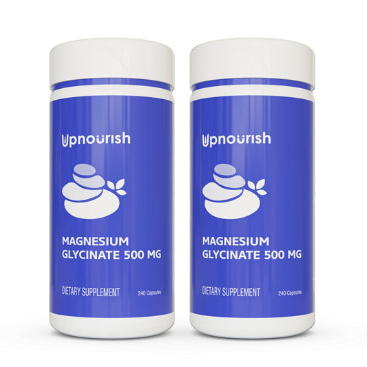 UpNourish chelated magnesium glycinate 500mg bottle for convenient daily supplementation.