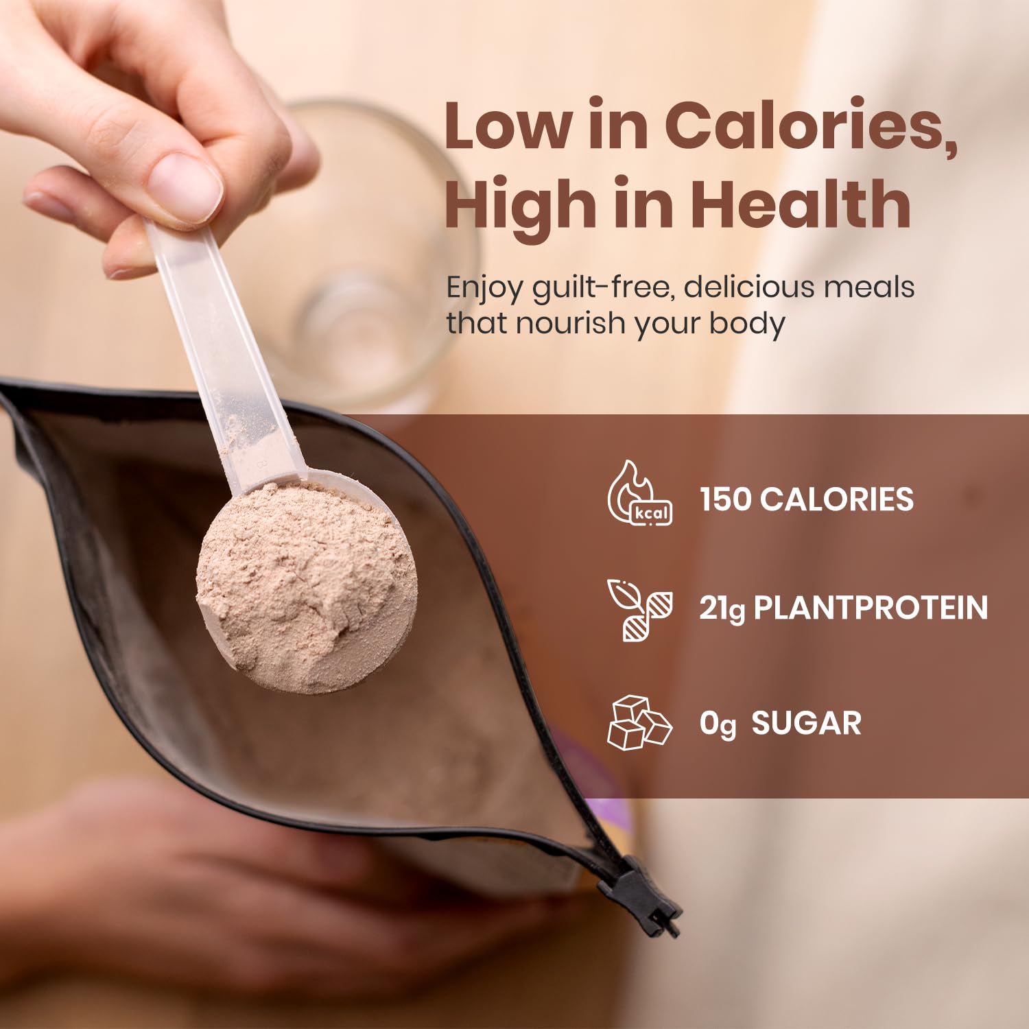 UpNourish chocolate vegan protein powder closeup with rich cocoa aroma