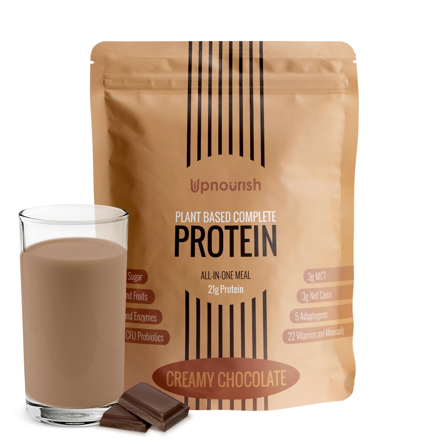UpNourish chocolate vegan protein powder tub front, dairy-free nutrition for plant-based meals