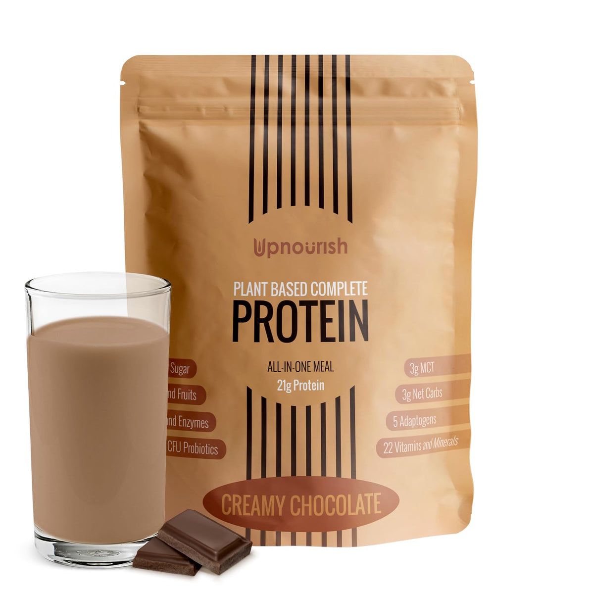 UpNourish chocolate vegan protein powder tub front, dairy-free nutrition for plant-based meals