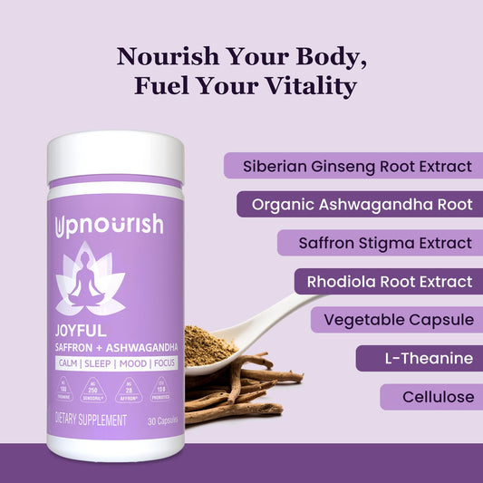 UpNourish Organic Ashwagandha Saffron Capsules closeup for calm focus and daytime energy.