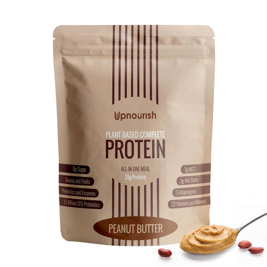 UpNourish Peanut Butter Vegan Protein Powder front label highlighting 54 superfoods and clean ingredients