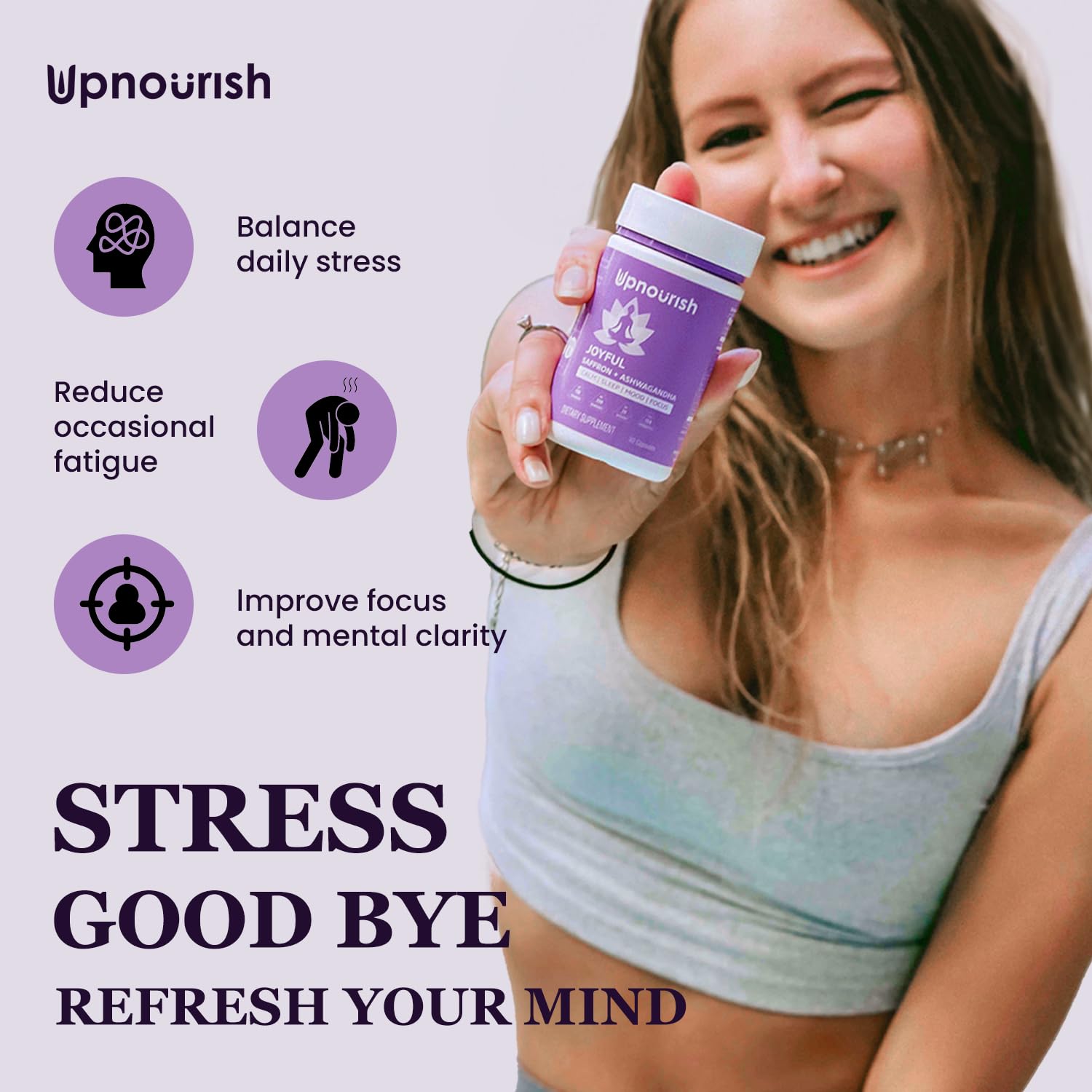UpNourish Stress relief mood support banner promoting daily resilience.