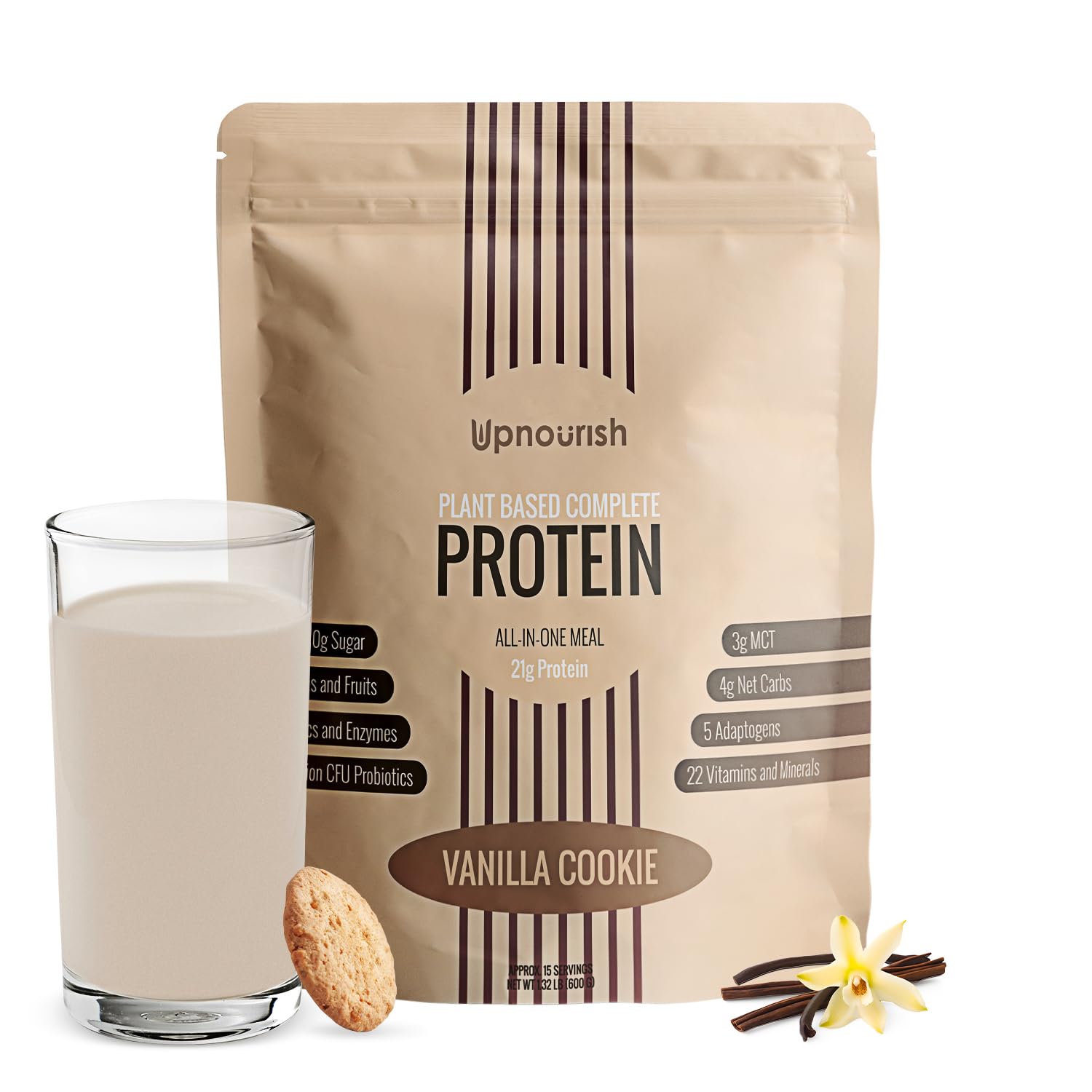 UpNourish Vanilla Cookie protein powder bottle with 54 superfoods for daily nutrition.