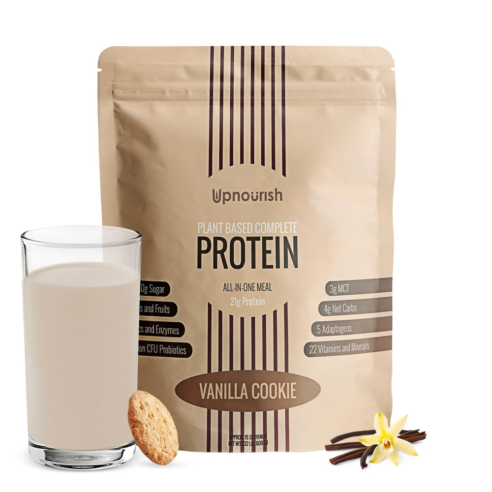 UpNourish Vanilla Cookie protein powder bottle with 54 superfoods for daily nutrition.