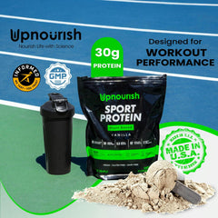 UpNourish Vanilla Protein Shake in glass demonstrating creamy post-workout drink