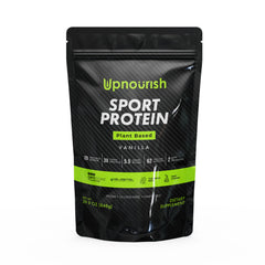 UpNourish Vanilla Vegan Sport Protein Tub showcasing plant-based protein for workouts