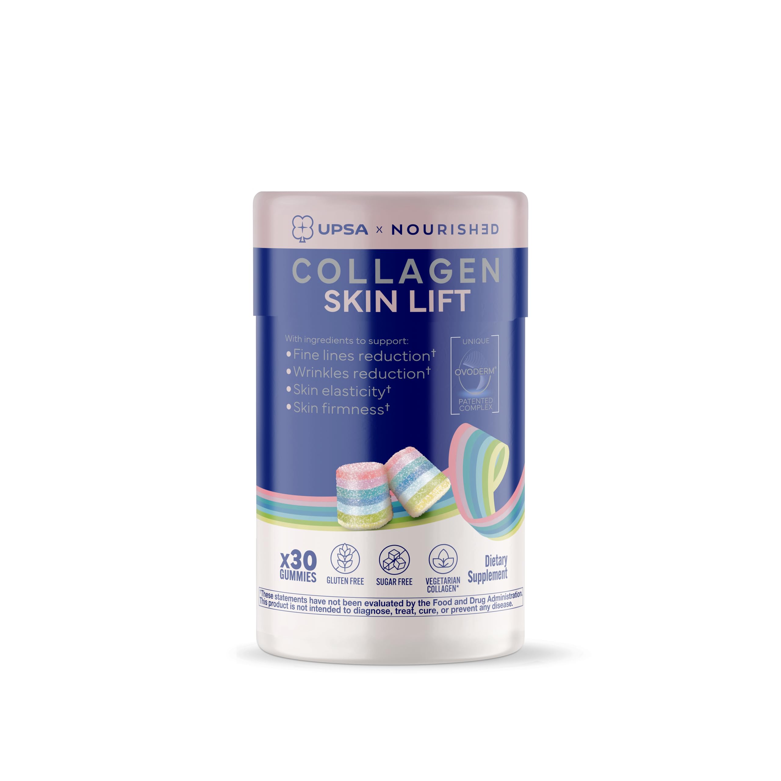 Upsa Nourished Collagen Skin Lift bottle shows a sugar-free, vegetarian supplement for radiant skin.