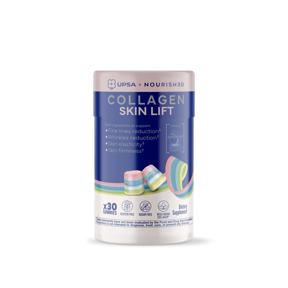 Upsa Nourished Collagen Skin Lift bottle shows a sugar-free, vegetarian supplement for radiant skin.