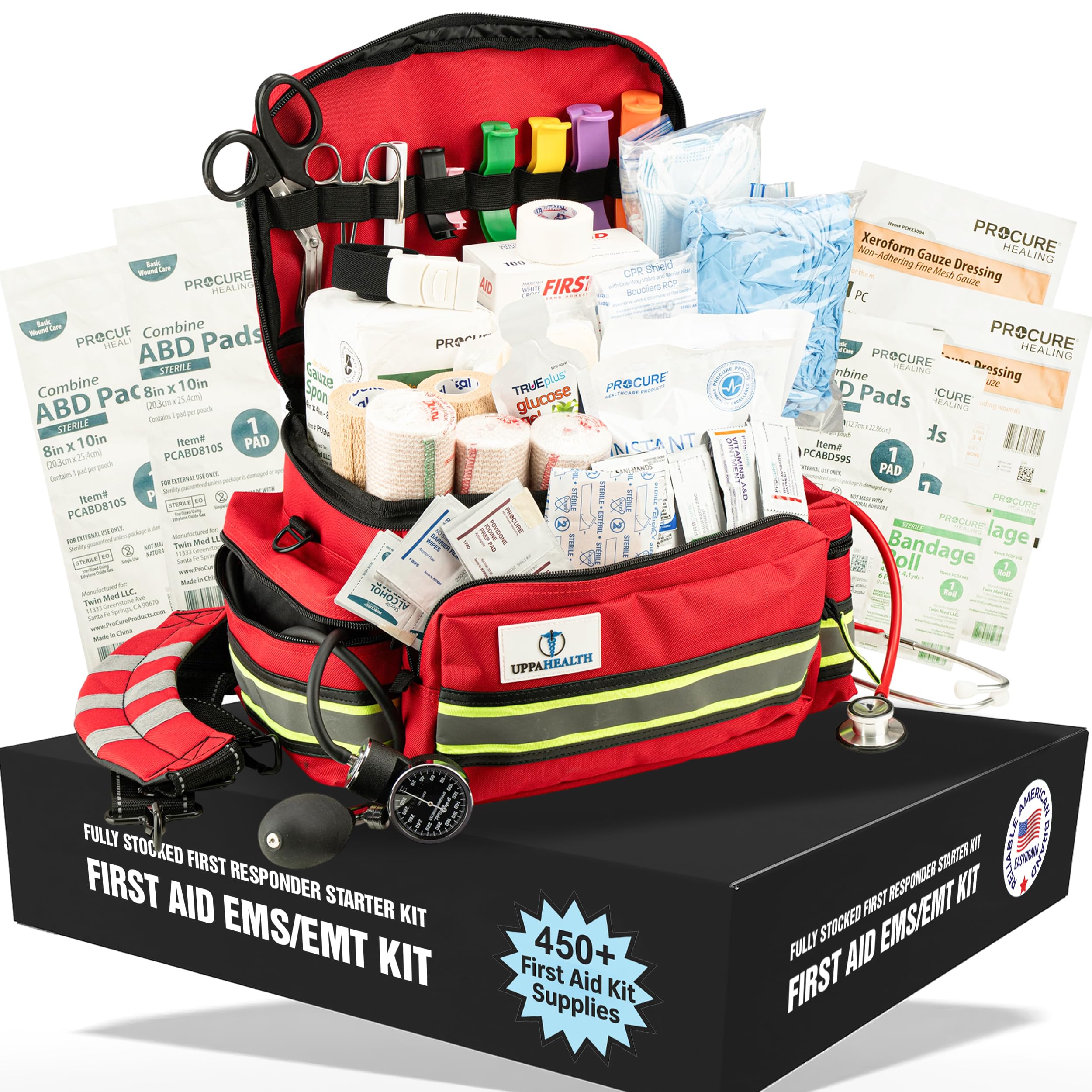 UPPAHEALTH EMT bag open with organized trauma supplies visible for rapid access.