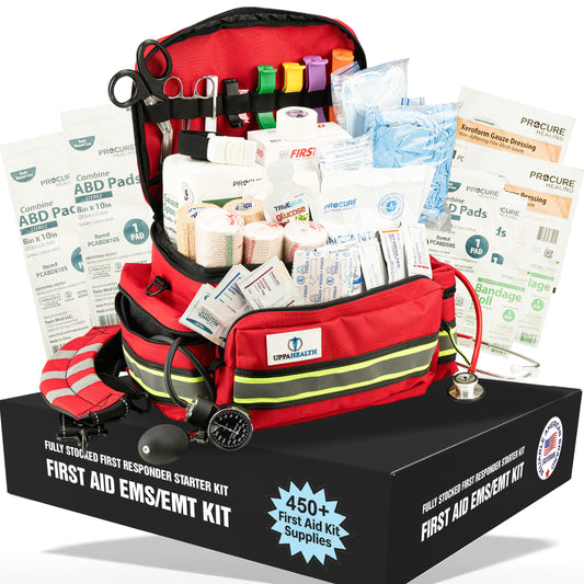 UPPAHEALTH EMT bag open with organized trauma supplies visible for rapid access.