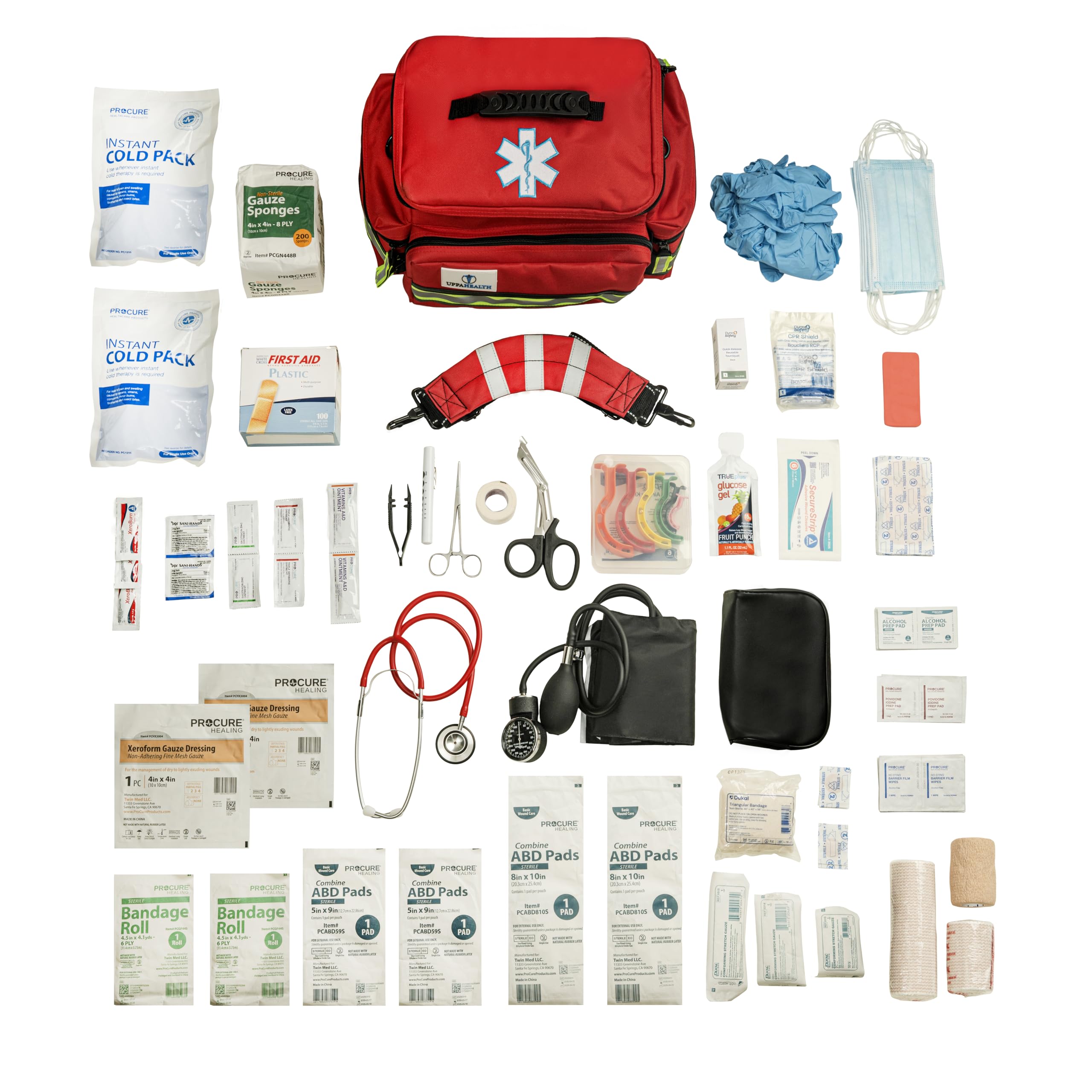 UPPAHEALTH trauma supplies neatly arranged inside a durable emergency bag.