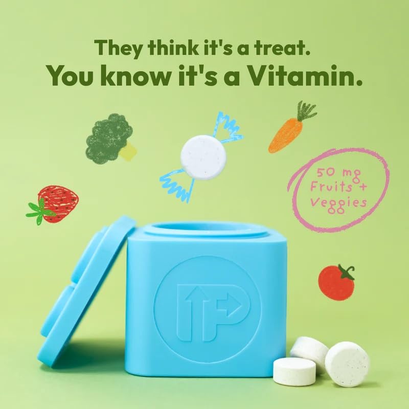 Upright Nutrition multivitamin label highlights 17+ vitamins for growing kids.