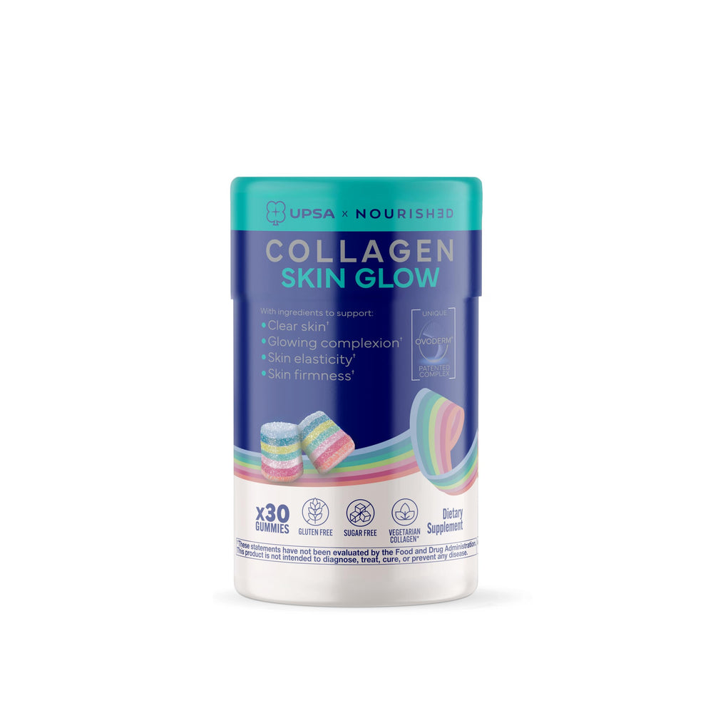 Upsa Nourished Collagen Skin Glow bottle shown for daily skin support and glow.